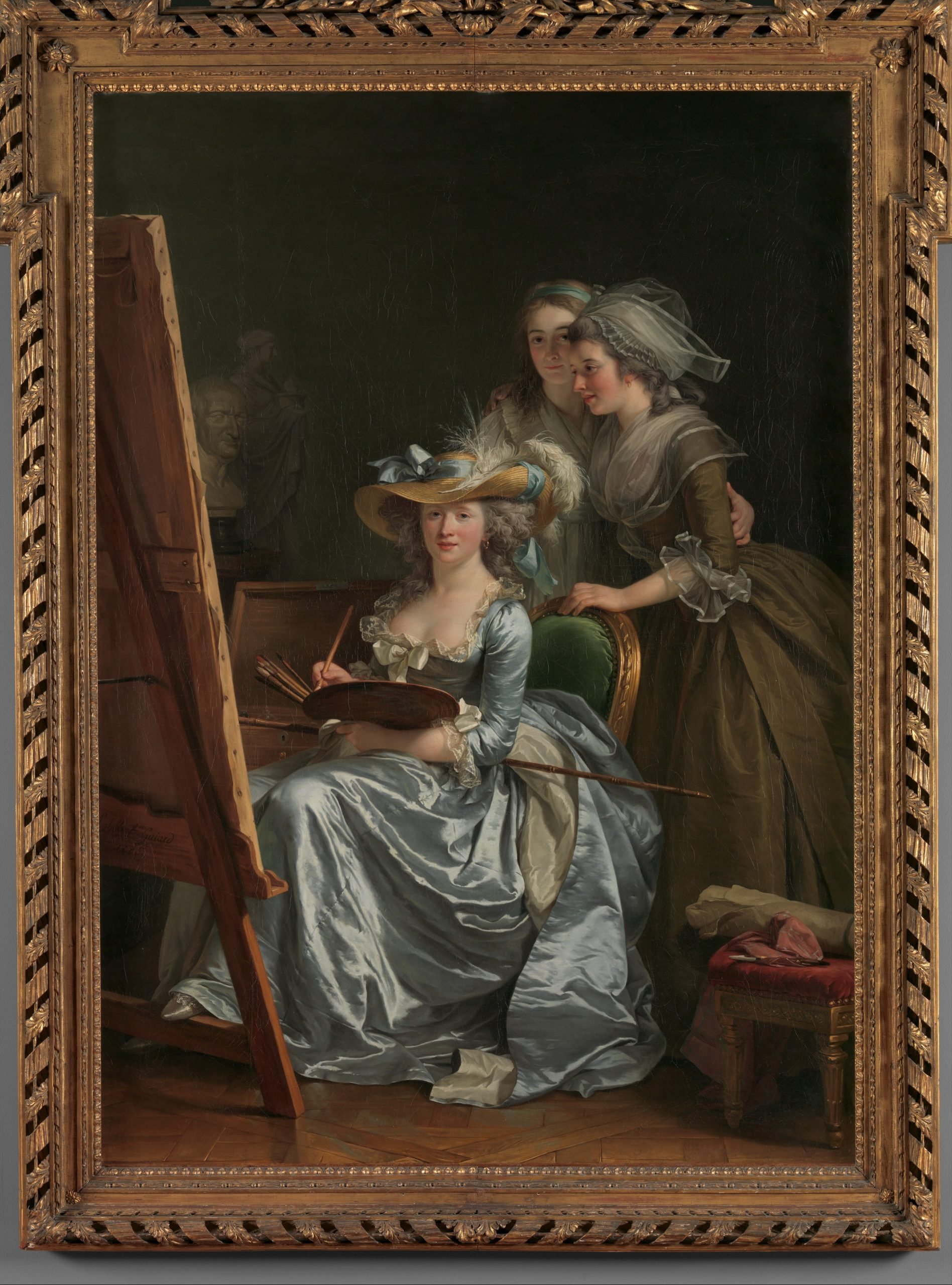 In a realistic painting, a lady in a very fancy dress works on a painting as two other women watch.