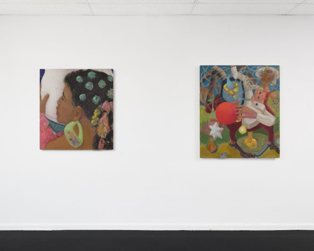 two colorful figurative paintings on a white wall