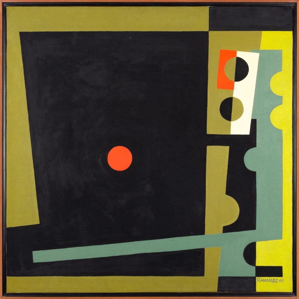 a geometric abstract painting is olive green and black with a red dot int he center 