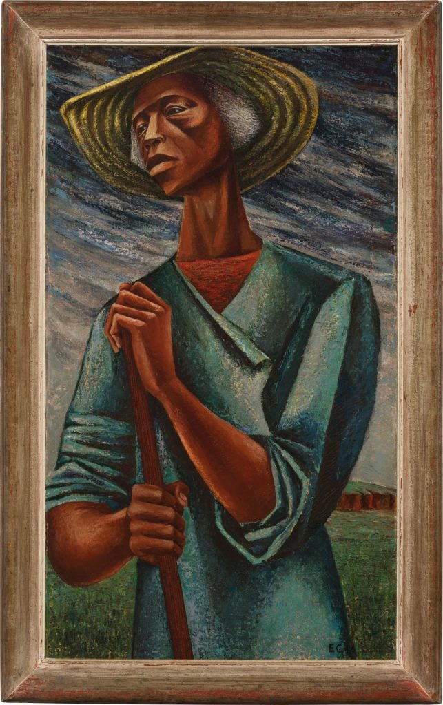 A painting of a sharecropper in muted colors