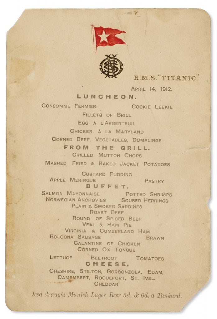 a yellowed page on a white background, the page is a menu from the Titanic