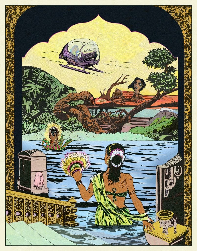 A colorful illustration showing a woman entering a body of water, with various surreal elements in the background including a flying machine, a pair of praying hands, and a woman's head