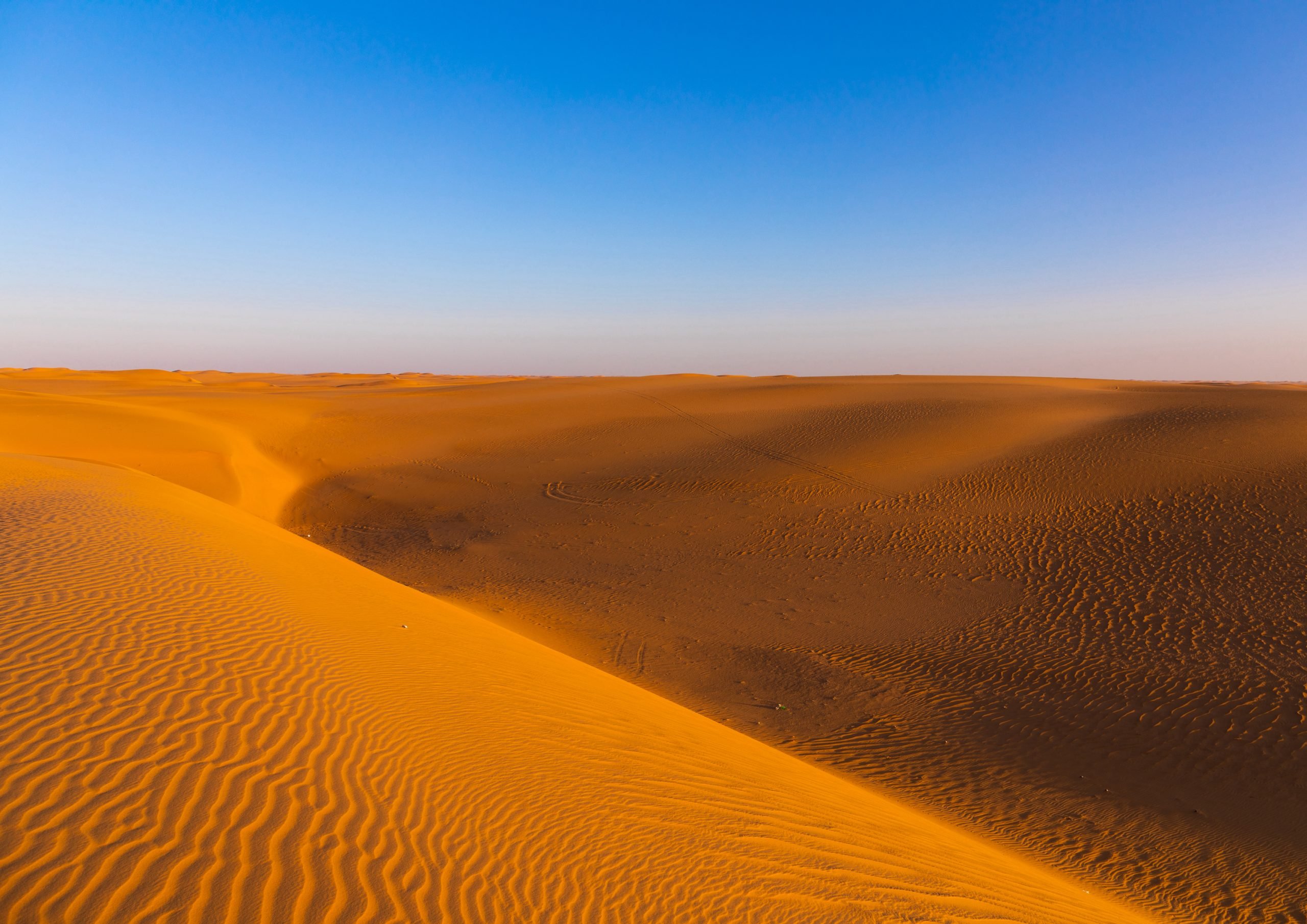 A view of the desert with ochre colored sand dunes and a blue sky