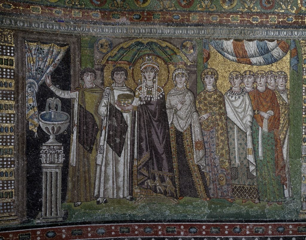 Empress Theodora and her retinue, Byzantine mosaic in the apse of the Basilica of San Vitale (UNESCO World Heritage Site, 1996), Ravenna, Emilia-Romagna, Italy, 6th century.