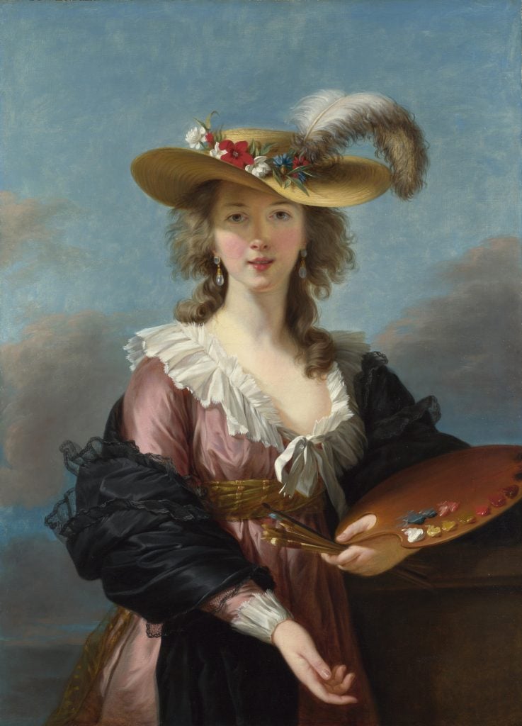 a self portrait in a straw hat and pink dress 