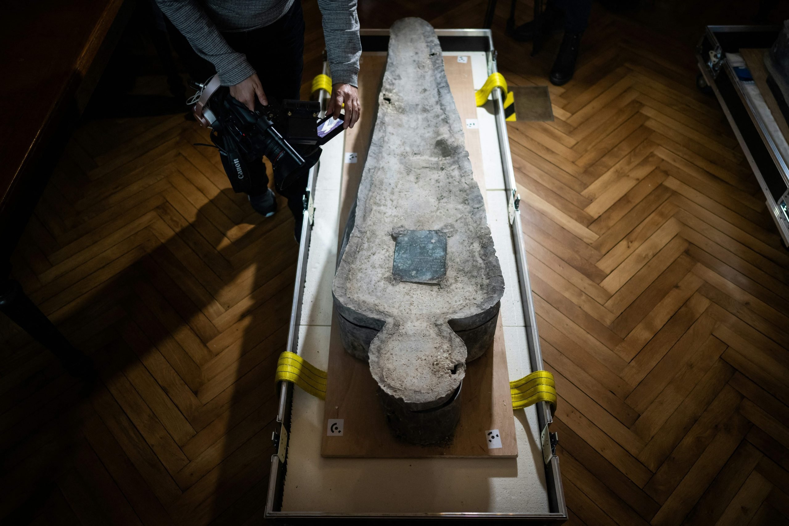 An anthropomorphic sarcophagus uncovered in March 2022 during archaeological excavations at the Notre-Dame site.