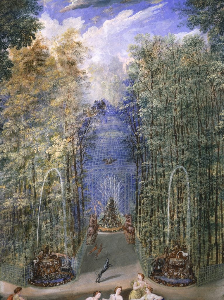 a paint of versailles gardens with a fountain, blues skies and tall trees