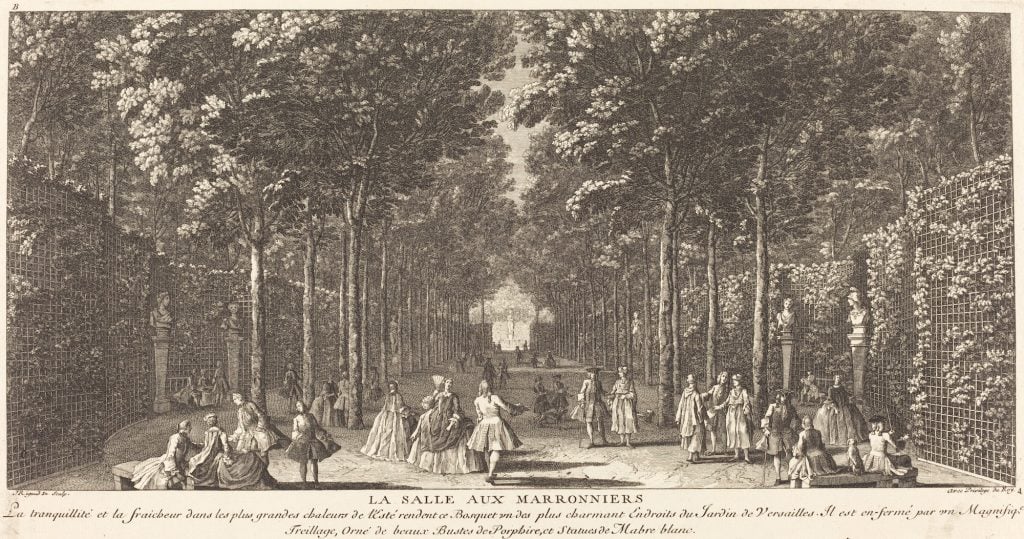 aristrocratic figures in the woods of versailles pictured in a print