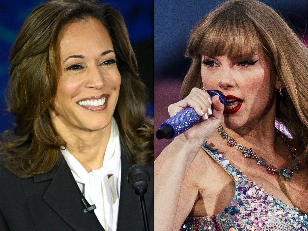 two photographs side by side of women's face. On the left is a middle aged woman smartly dressed and smiling. On the right is a younger woman in a sparkly outfit singing into a microphone.