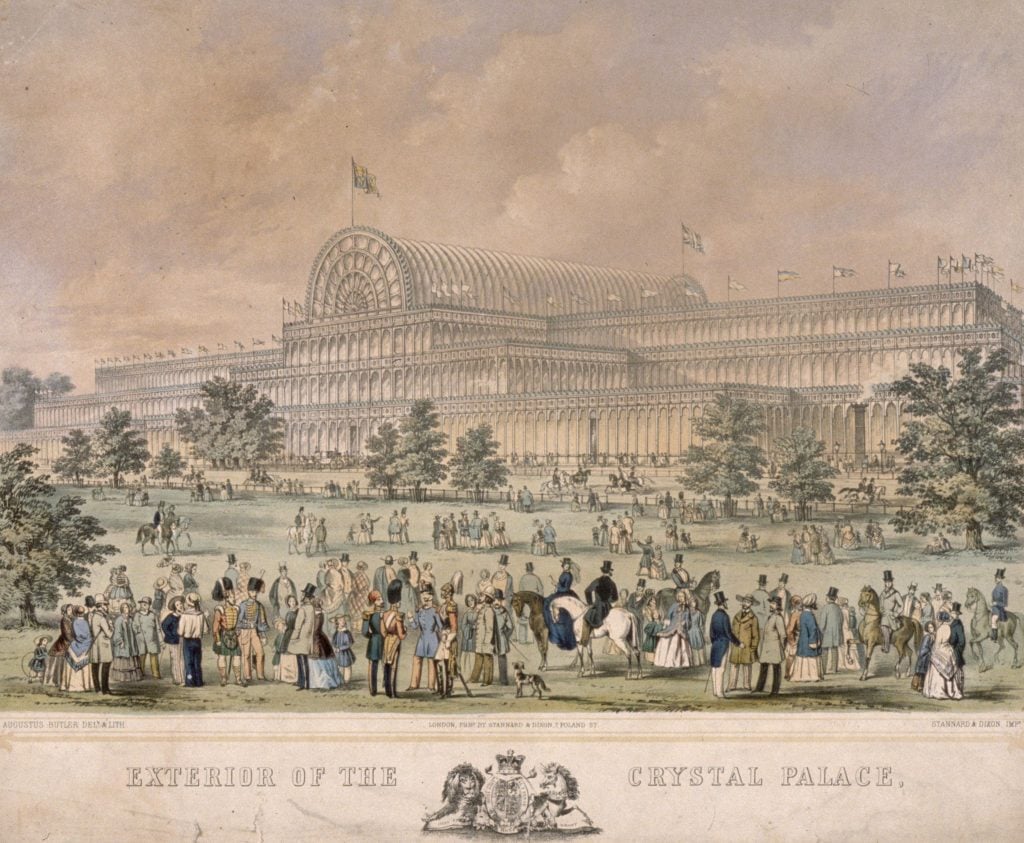 a faded lithograph showing the exterior of the no-longer standing building crystal palace in London 