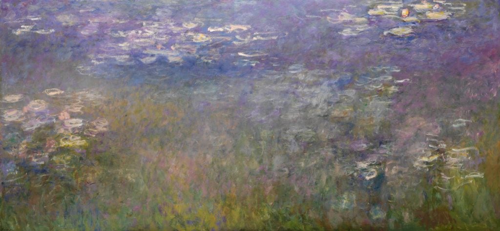 a painting of water lilies in a pond by Claude Monet