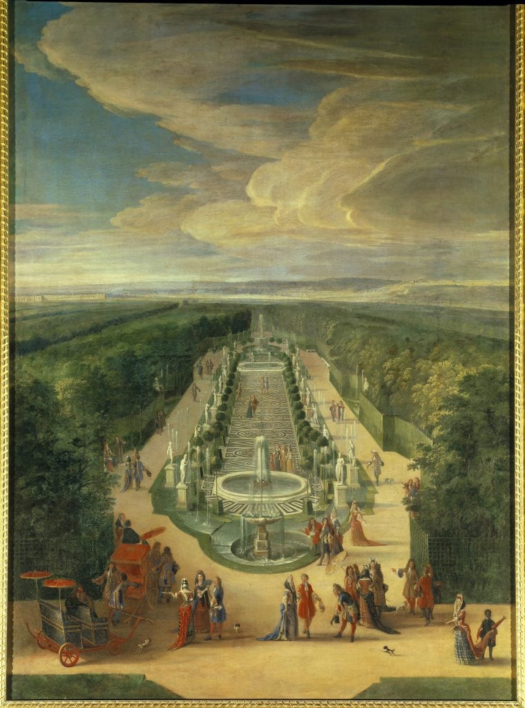 an aerial overview of the garden of versailles in the 1600s