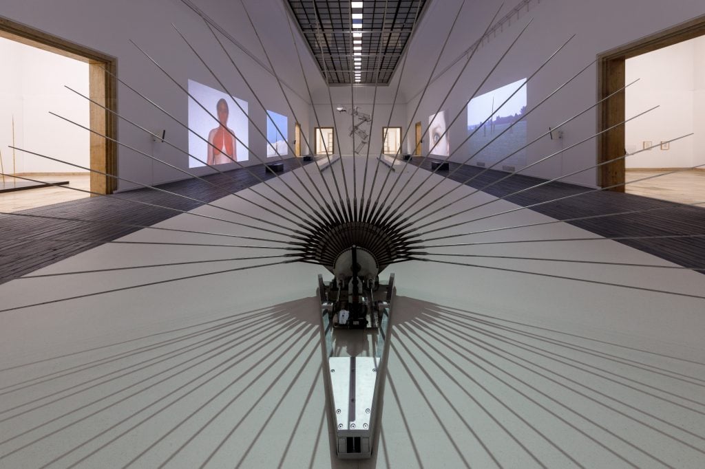 a strange mechanical contraption has fanning out needles in a manner similar to a peacock's feathers, but very stark and minimal. In the background is a long gallery space with projected images lining the white walls.