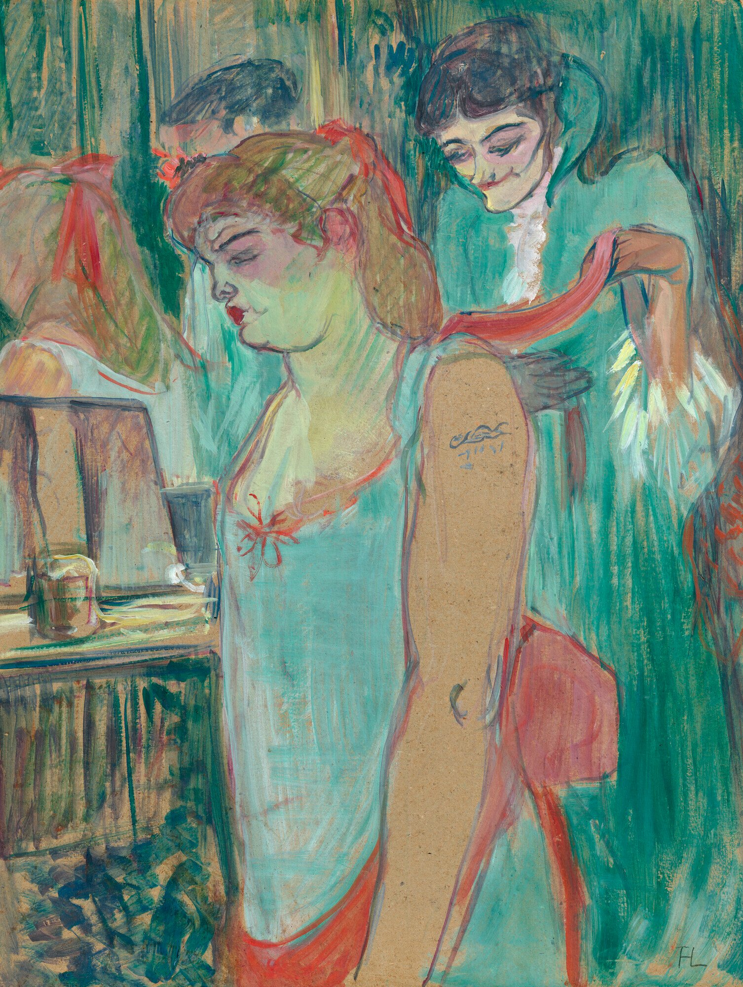 a painting of two women in green dresses