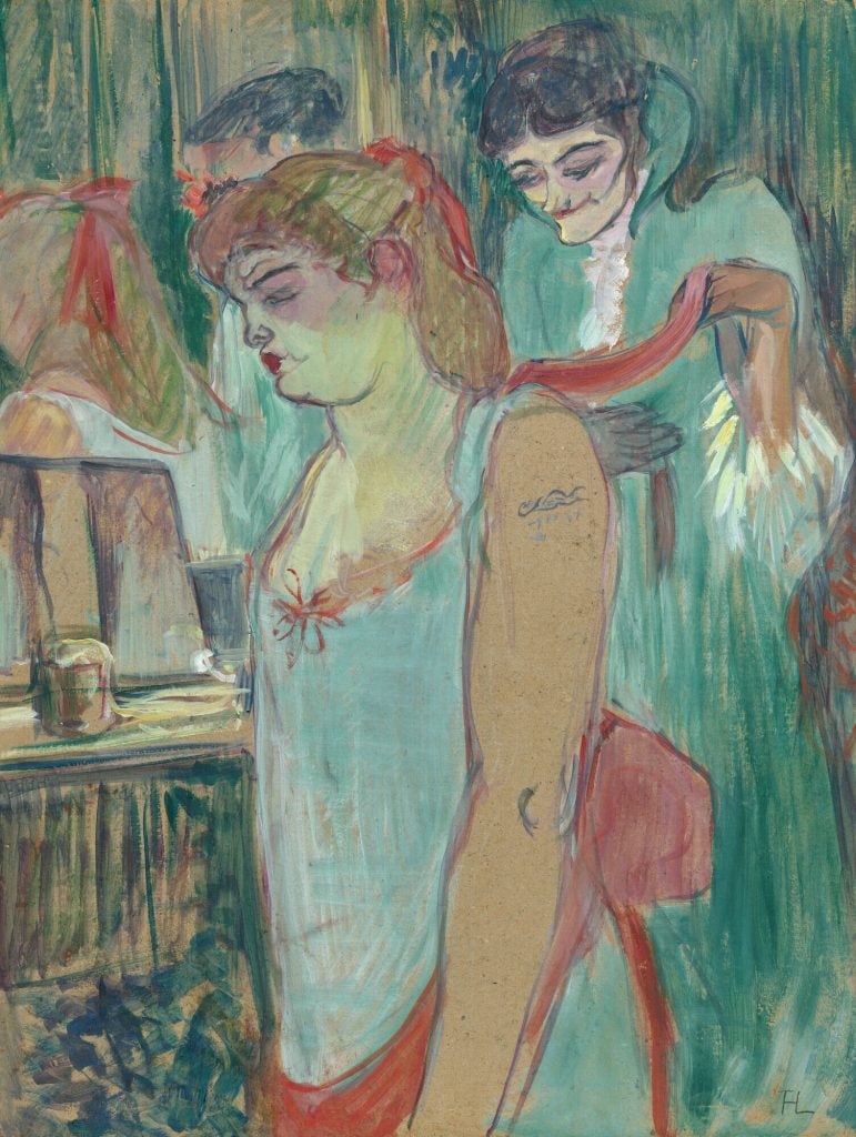 a painting of two women in green dresses