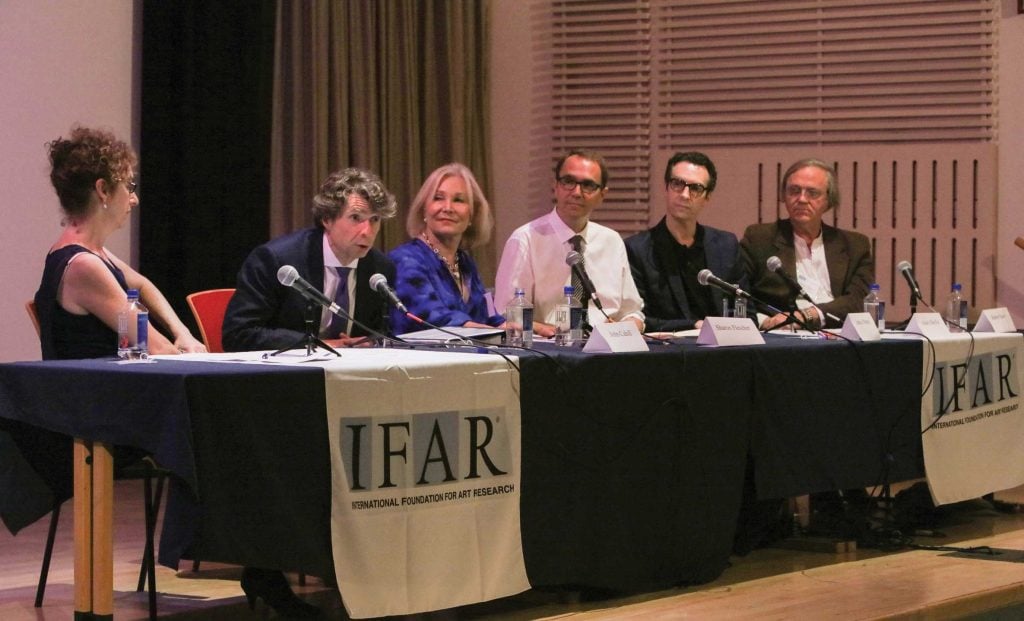 An International Foundation for Art Research panel featuring Patricia Cohen, John Cahill, Sharon Flescher, James Martin, Adam Sheffer, and Robert Storr, discussing the Knoedler forgery case.