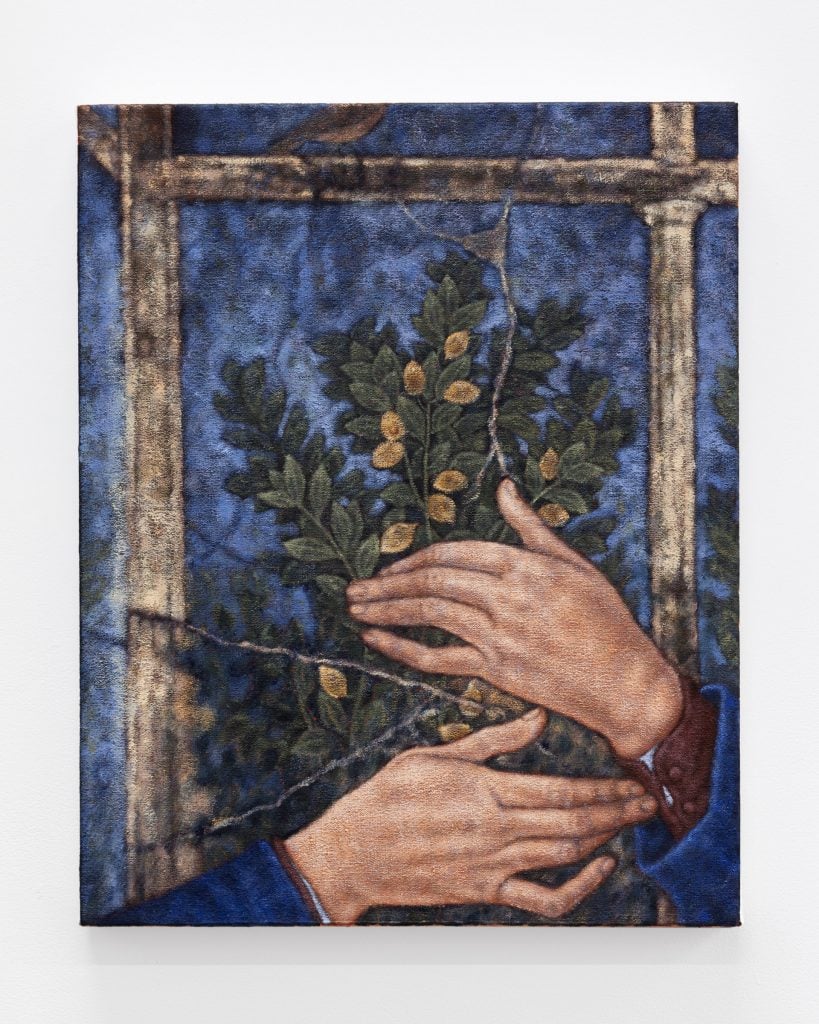 two painted hands holding laurels