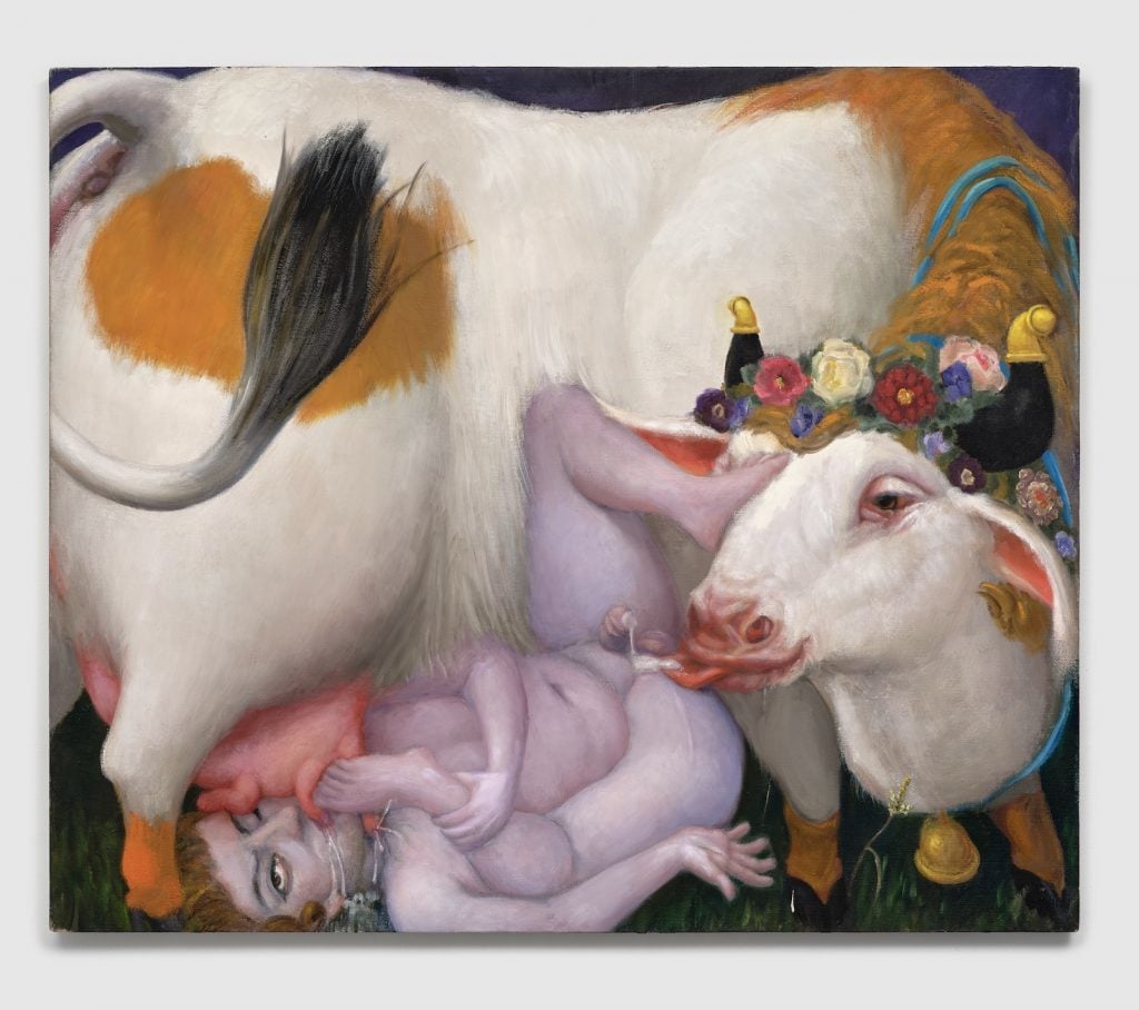 a painting of a cow licking adult-size baby