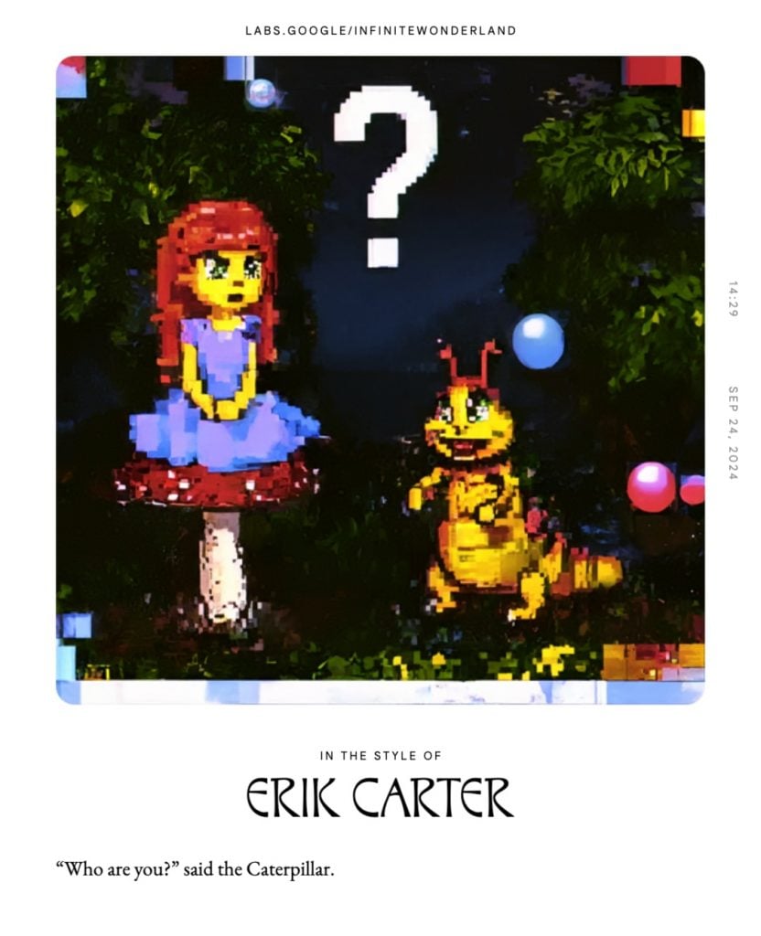 A pixel art illustration of a small girl looking at a caterpillar walking on its legs