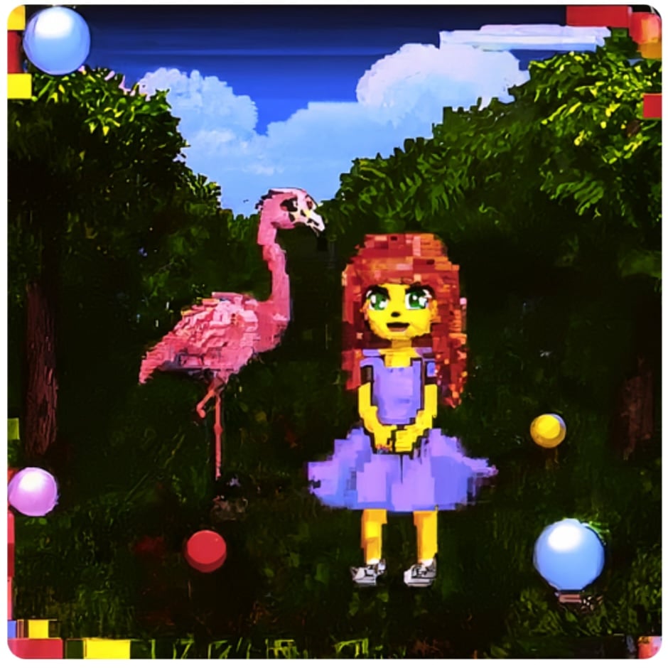 An illustration in a pixel-art style of a girl playing croquet with a flamingo