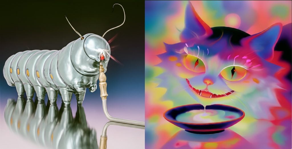 A metal caterpillar smoking next to the face of a cat.