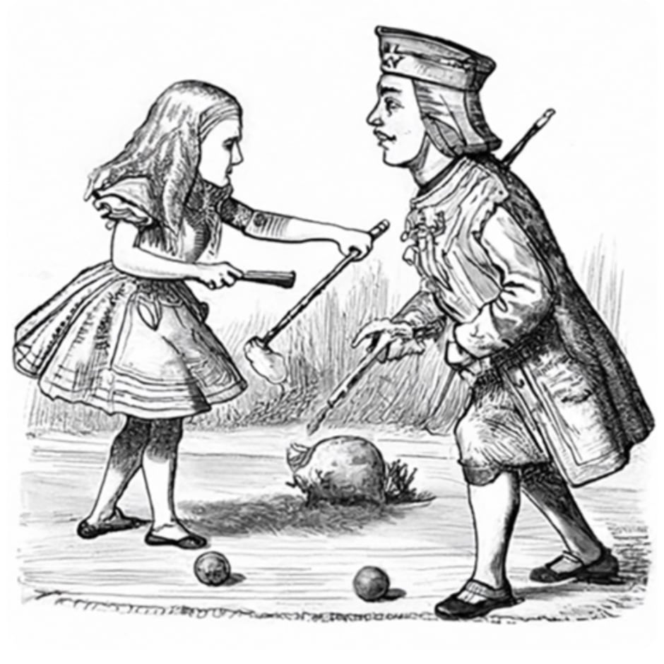 An A.I. illustration in black and white of a girl playing croquet