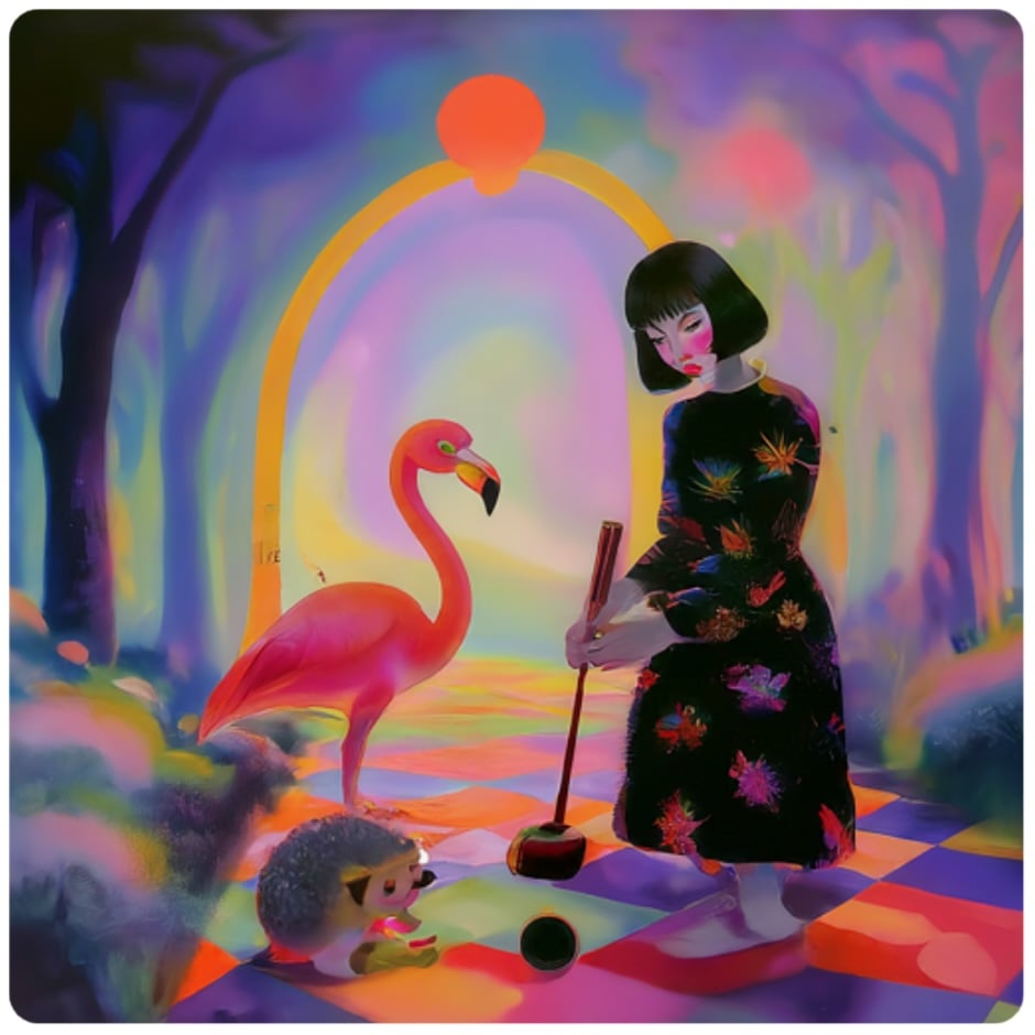 A colorful illustration of a girl playing croquet with a flamingo