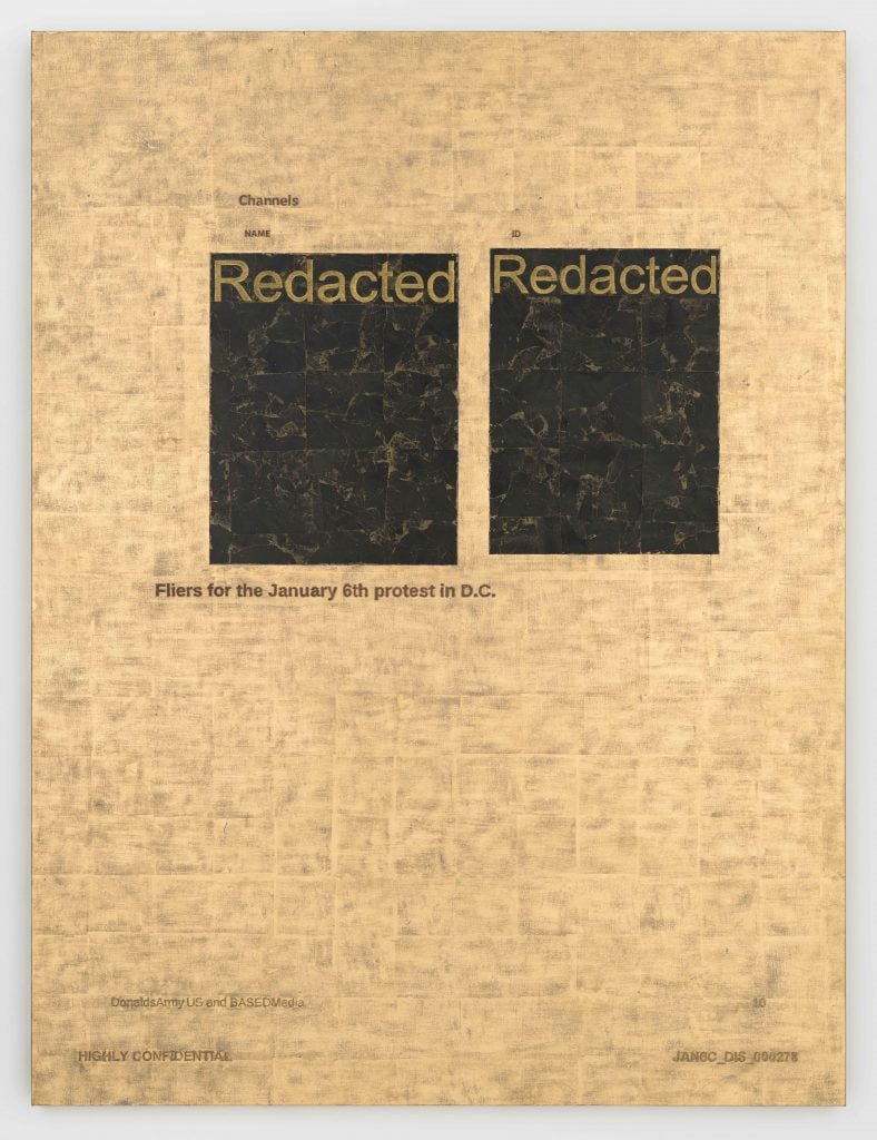 Jenny Holzer, "Fliers," a redacted US government document with 24k gold and red gold leaf and oil on linen.