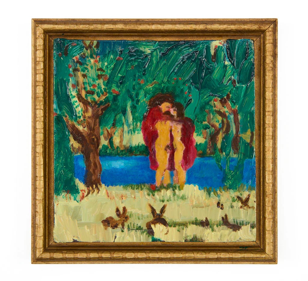 Jeff Bliumis, "In the Garden," a small painting of a couple in a garden landscape painted on a hand-forged bronze frame. 