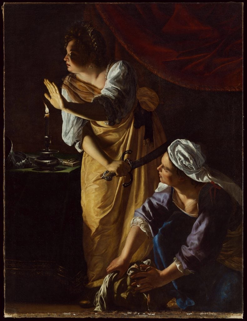 Artemisia Gentileschi, Judith and Her Maidservant with the Head of Holofernes (ca. 1623–25). This Baroque painting, with intense, theatrical lighting, illustrates a scene from the Bible in which Judith and her maid attempt to sneak away with the head of Holofernes after assassinating him.