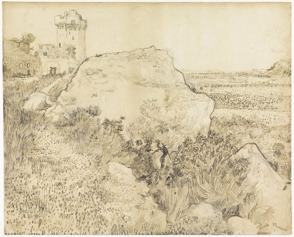 a chalk, ink, and pencil drawing of a rugged landscape overlooking the sea where you can see an old castle-like building in the distance 