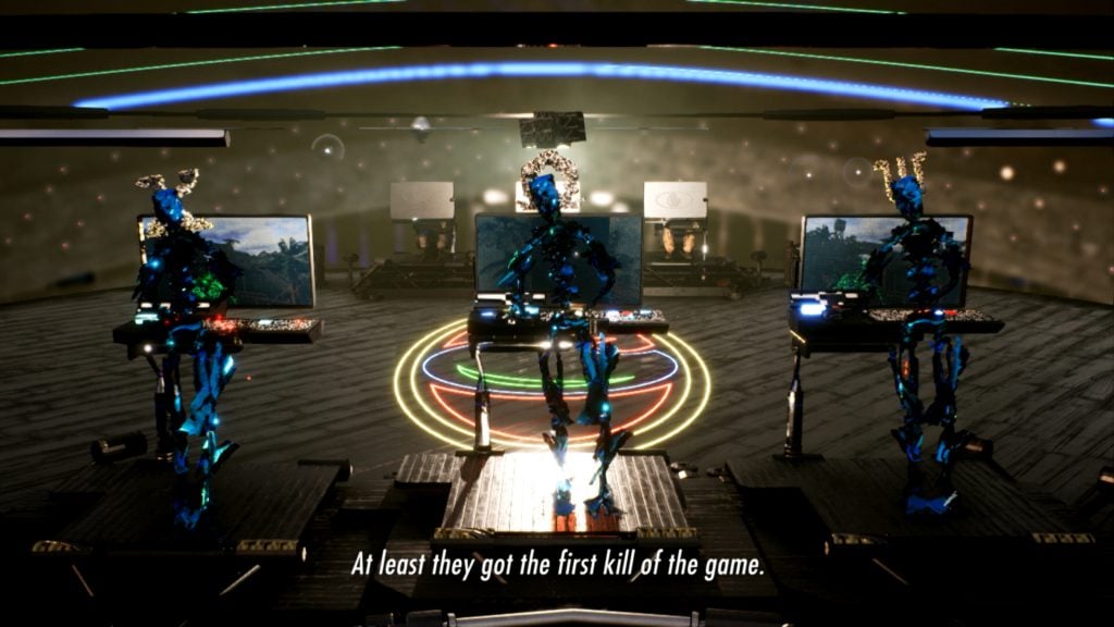 a still from a CGI film in which three robots stand before screens in a futuristic scene that is somewhat ambiguous, at the bottom text reads 'at least they got the first kill of the game'