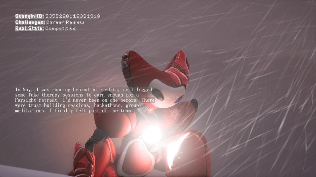 a CGI rendering of a little cartoonish robot figure with a red body and a white face in adverse weather conditions, either heavy rain or snow. there are subtitles we can read that tell us what the robot is saying, it is narrating a story about logging false work to its boss to get enough credits to go on a luxurious work retreat