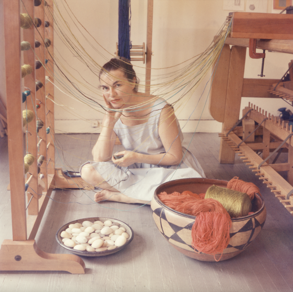 Lenore Tawney in her studio at 27 Coenties Slip. Photo by David Attie, 1958. Courtesy of Alison Jacques.