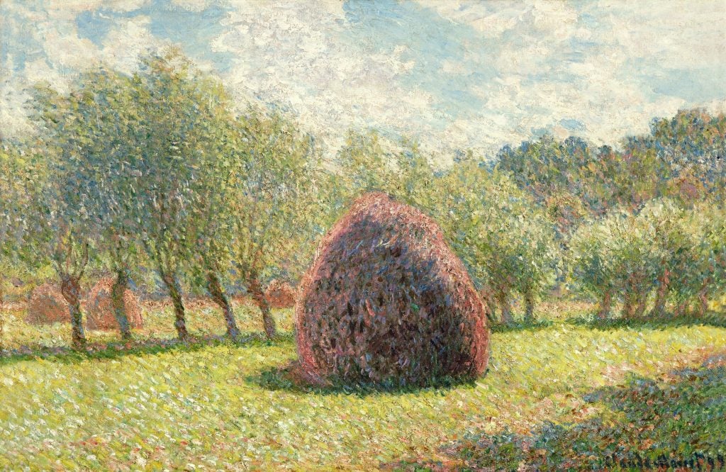 An impressionist painting of a haystack in the middle of a green field