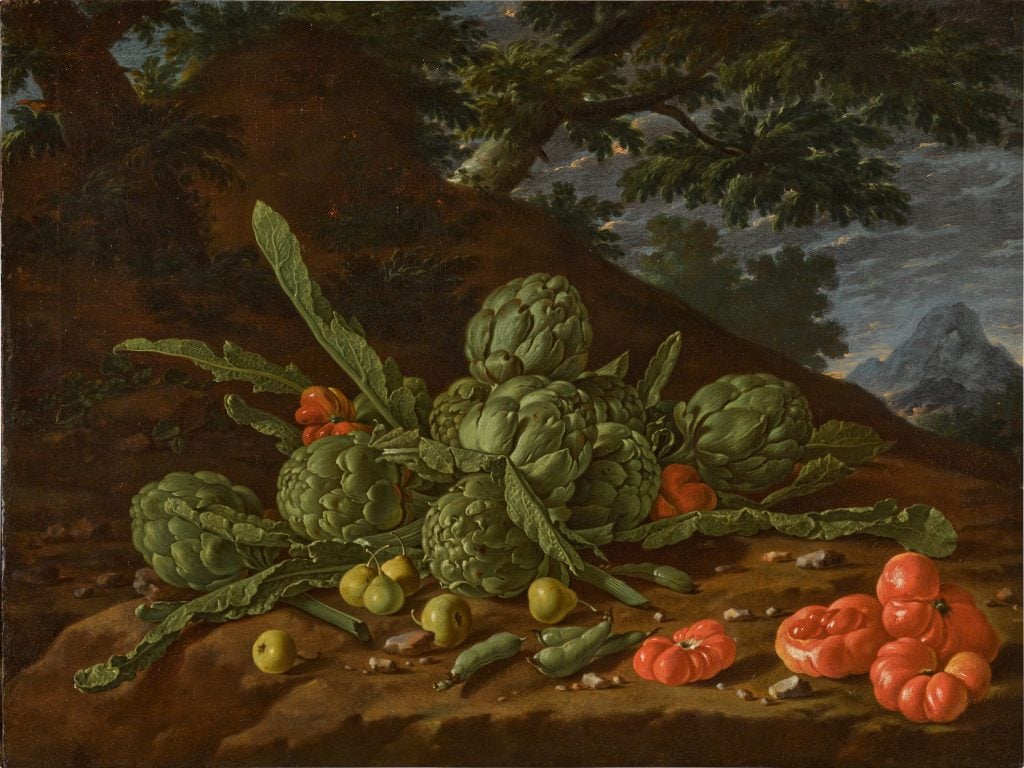 A dark painting of artichkes and tomatoes on a wooden table