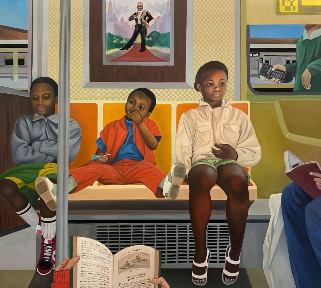 A colorful painting of a subway seat occupied by three children