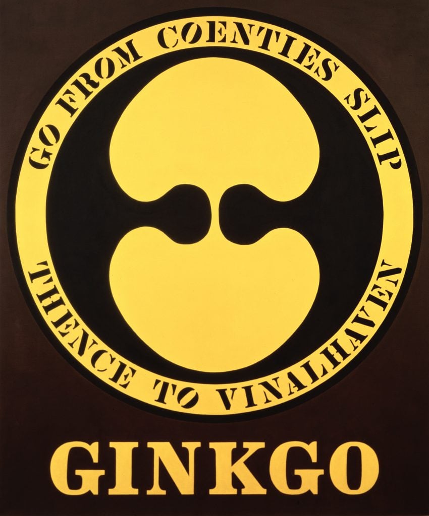 An artwork with yellow logo and phrase "Ginkgo" on top of a black background