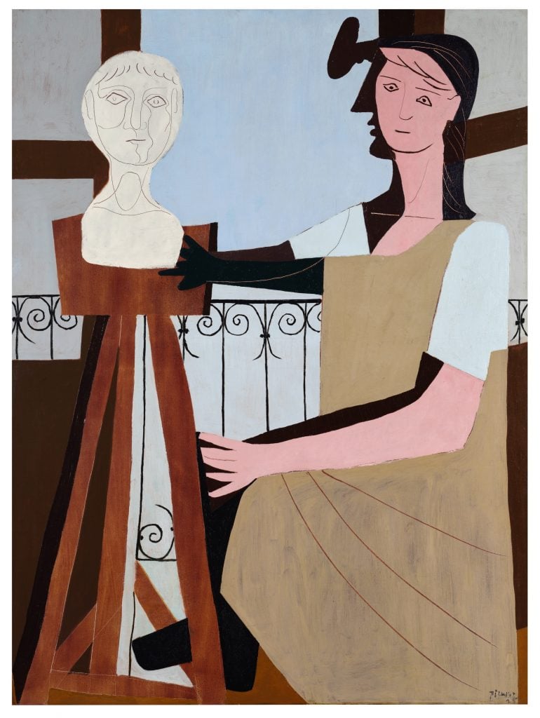 cubist composition of a woman working on a marble bust