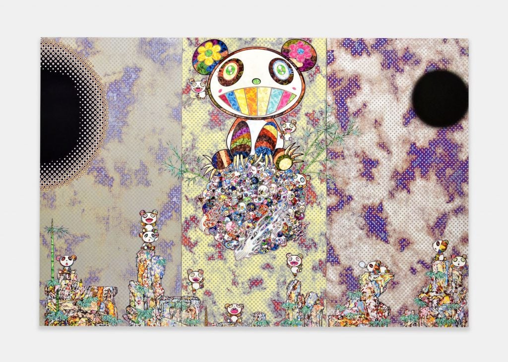 an image of a three panel artwork featuring signature Murakami cartoon characters