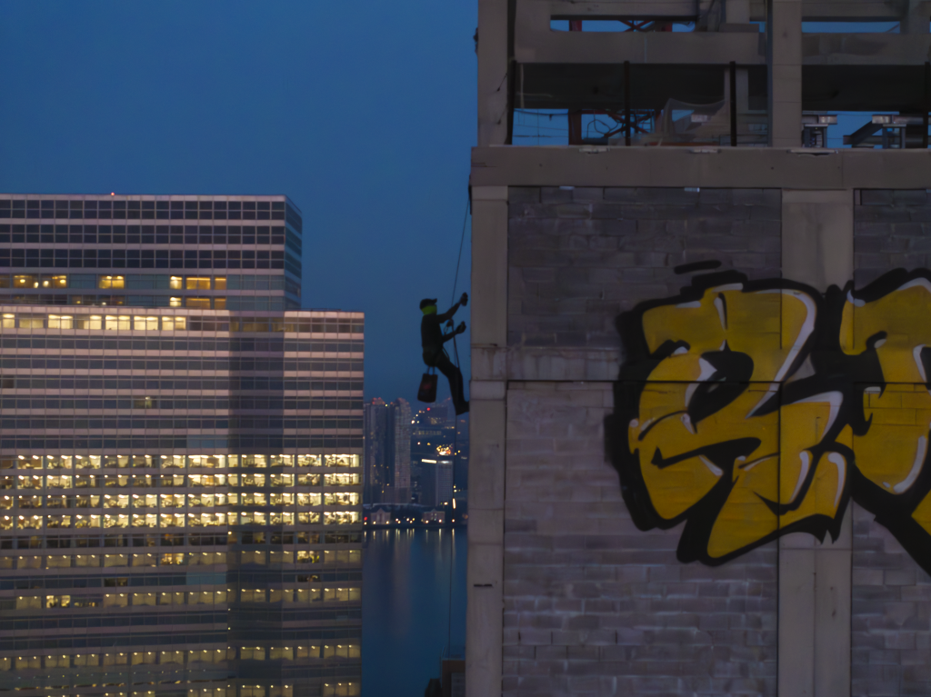 RAMS rappelling down the side of the abandoned skyscraper 45 Park Place to spray paint his name on the building. It is early morning, with New York City buildings behind him as he works. A completed piece in yellow is on the wall facing the camera. 