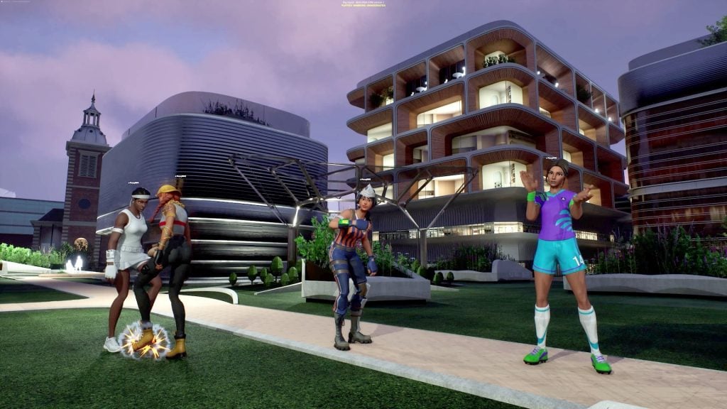 a shot from a video game, showing four avatars standing in front of futuristic buildings