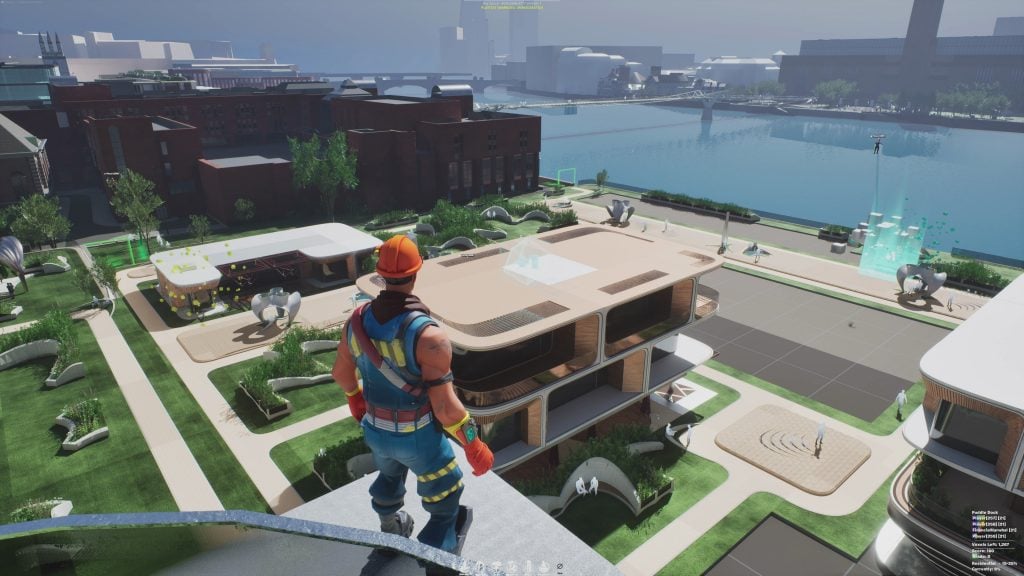 a shot from a video game, a man looks out over an urban landscape of buildings and grass