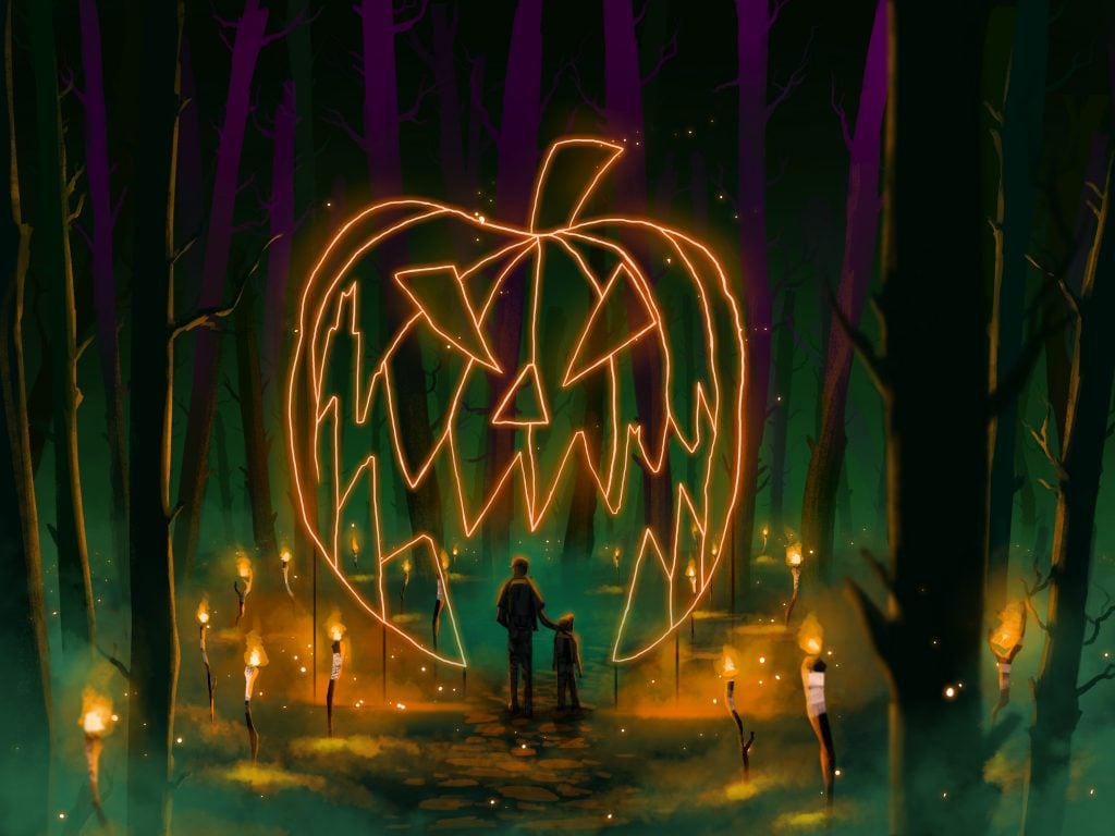 A render of a jack'o'lantern in the style of Tim Burton