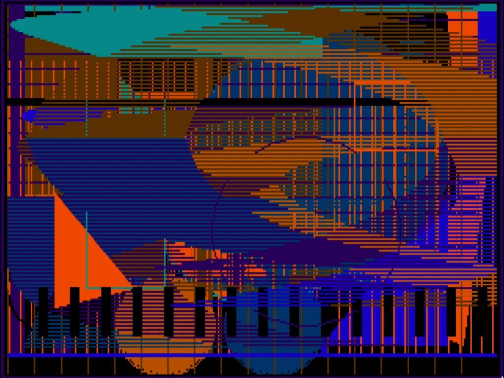 a digitally-generated abstract composition with predominant shades of blue, brown, green, orange and purple