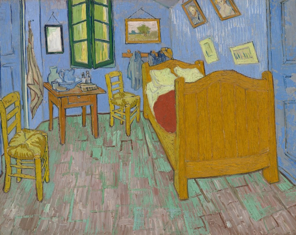 a painting of a classic simple bedroom interior with a single wooden bed with some framed pictureson the wall, a beside table and chair, blue painted walls and green windows