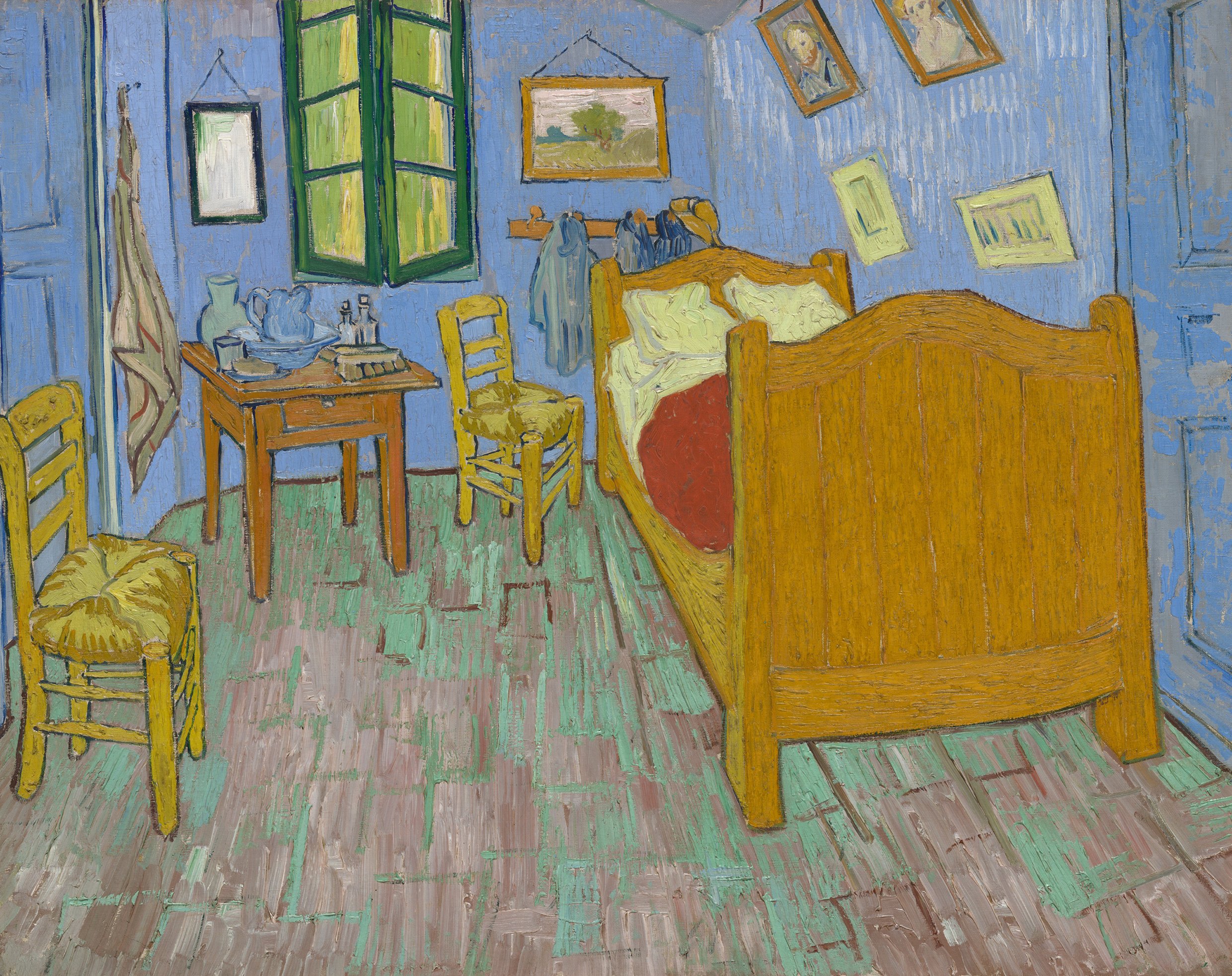 a painting of a classic simple bedroom interior with a single wooden bed with some framed pictureson the wall, a beside table and chair, blue painted walls and green windows