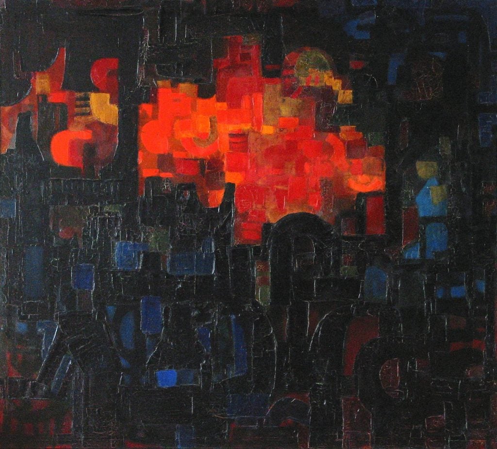 an abstract painting full of dark color and a central patch made of fiery tones of red, orange and yellow