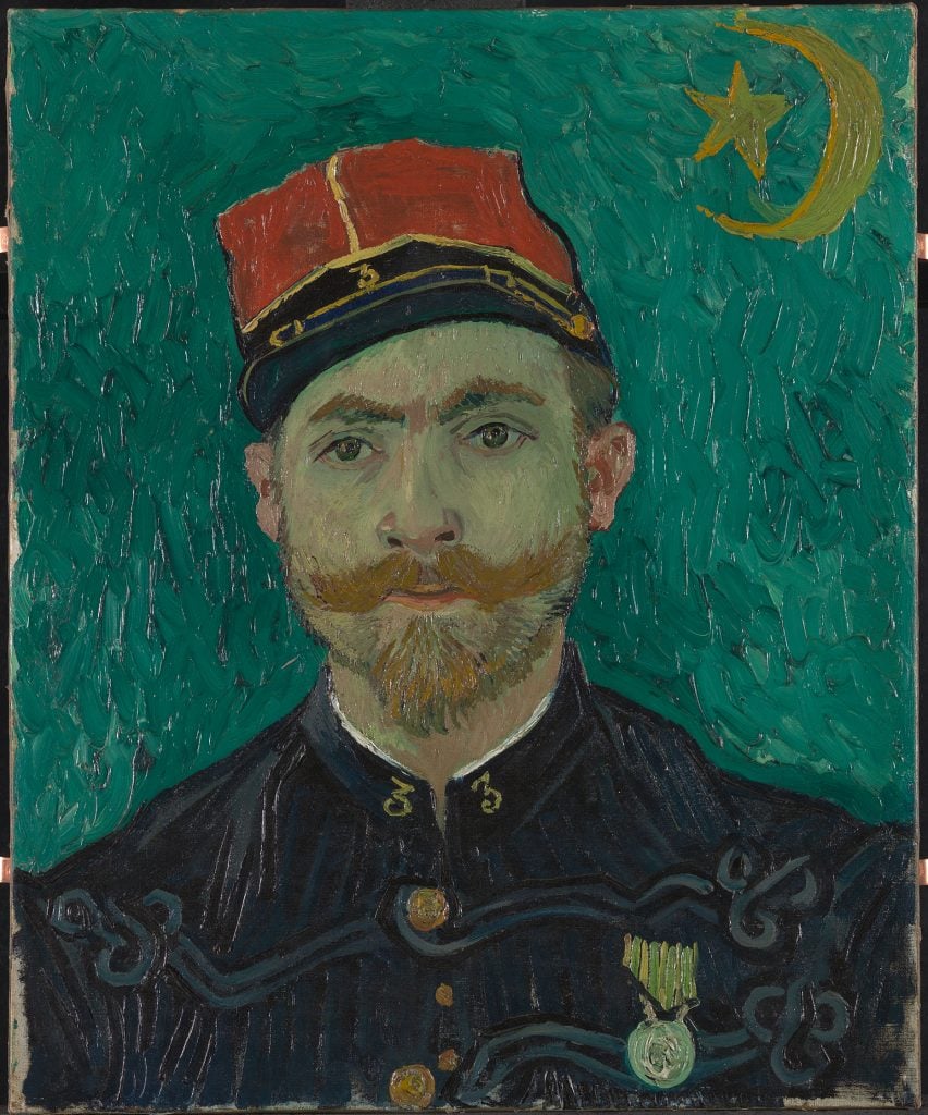 a portrait of a man wearing an army uniform with a red cap against a green ground