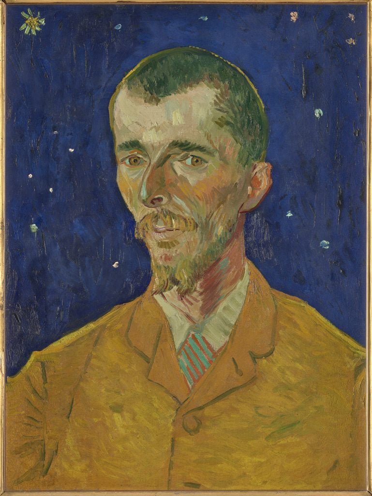 a painting of a man wearing a yellow jacket against a dark blue ground